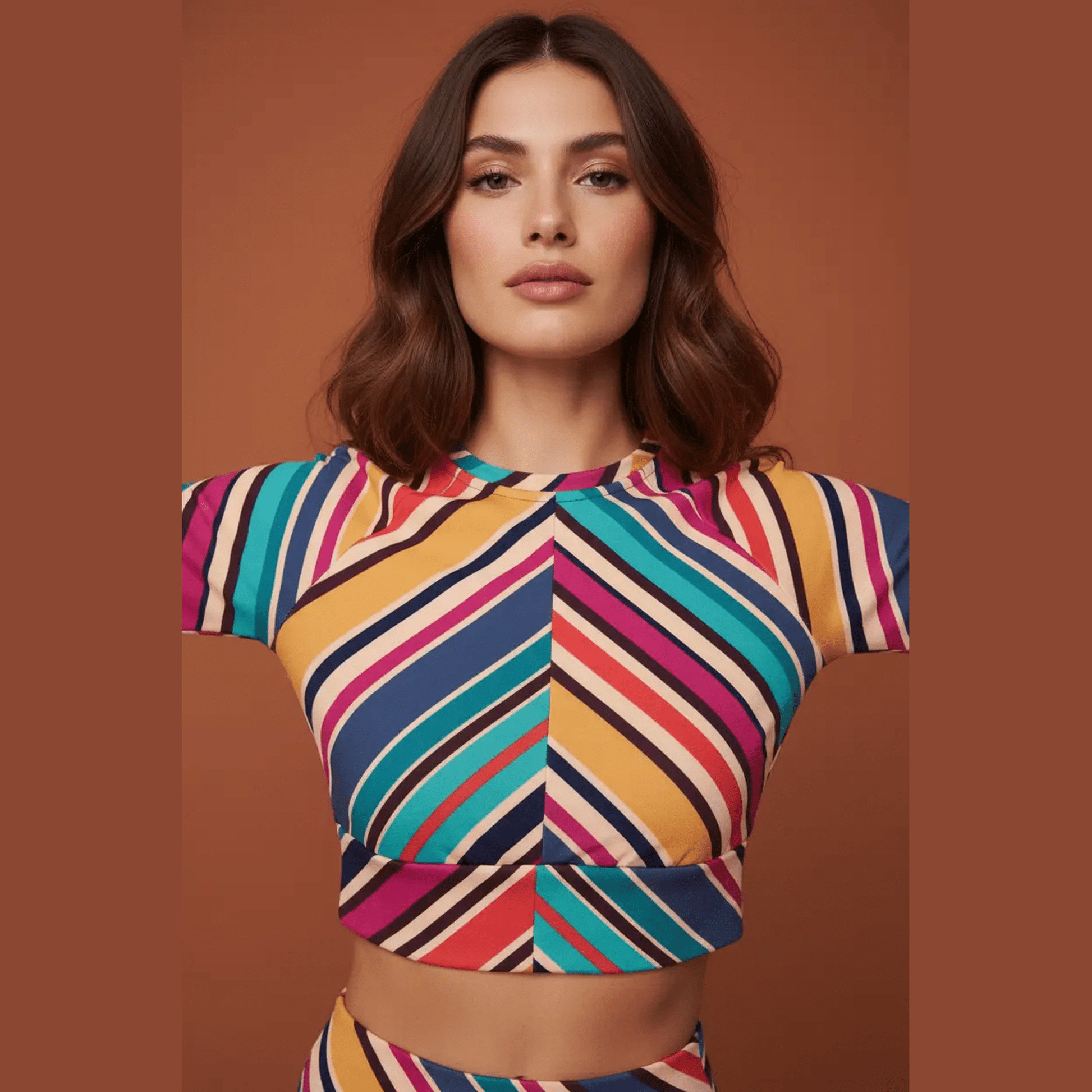 Bold chevron motif multicolor striped long-sleeve crop top with double-layer waistband and cap sleeves
