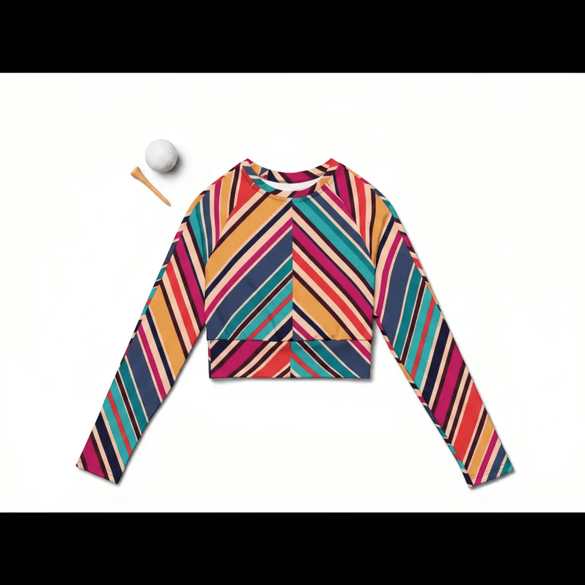 Flat-lay of teal orange pink navy cream striped recycled polyester long-sleeve crop top with double-layer waistband