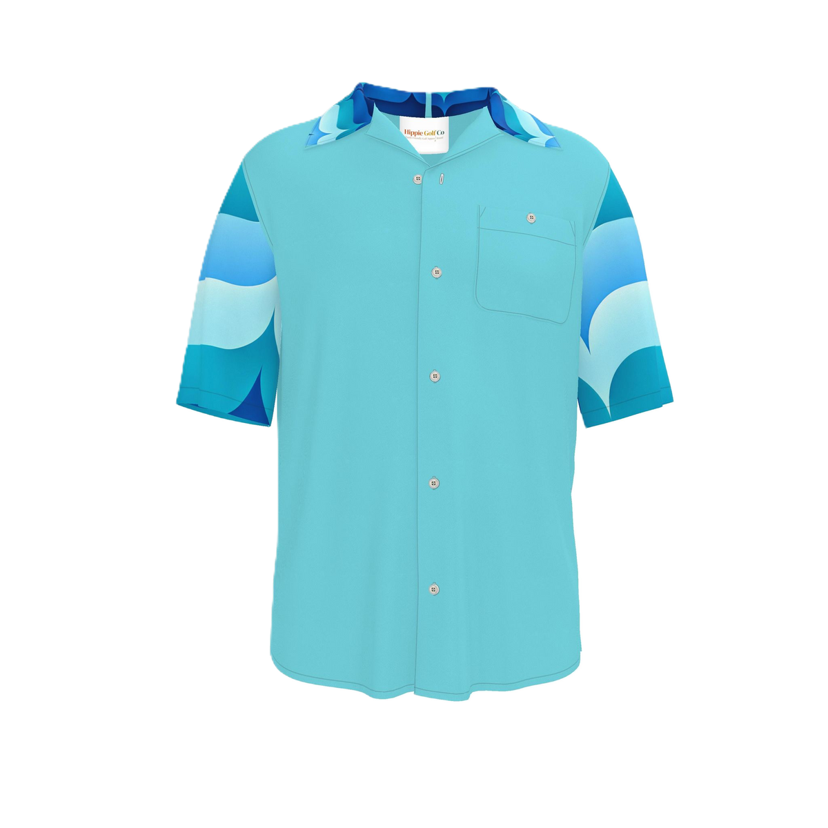 A men's short-sleeve button-up shirt in turquoise with blue and white wave-patterned sleeves and a matching blue collar, shown on a plain white background.