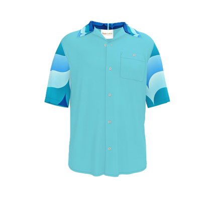 A men's short-sleeve button-up shirt in turquoise with blue and white wave-patterned sleeves and a matching blue collar, shown on a plain white background.