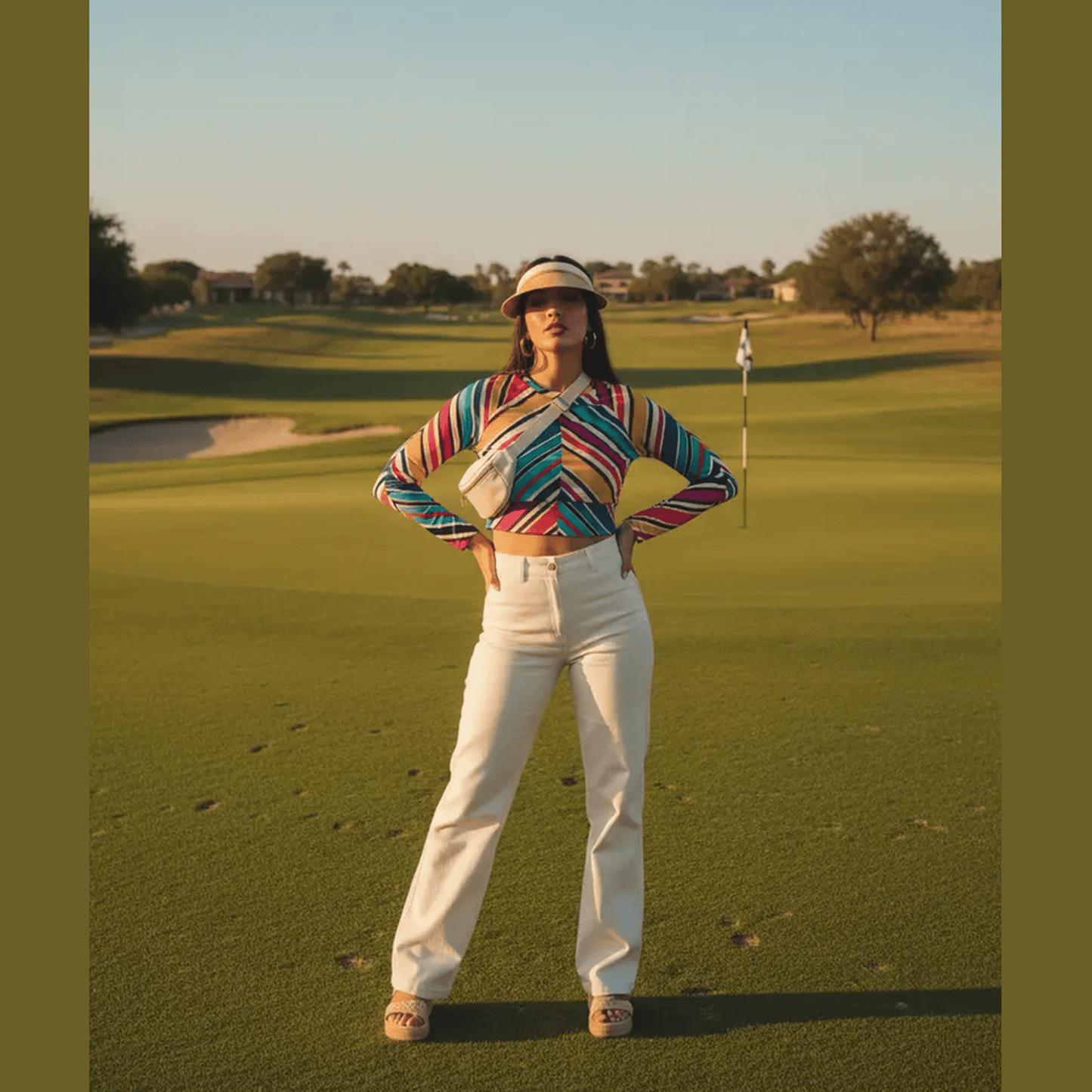 Hippie Golf Co multicolor striped recycled long-sleeve crop top with raglan sleeves on golf course