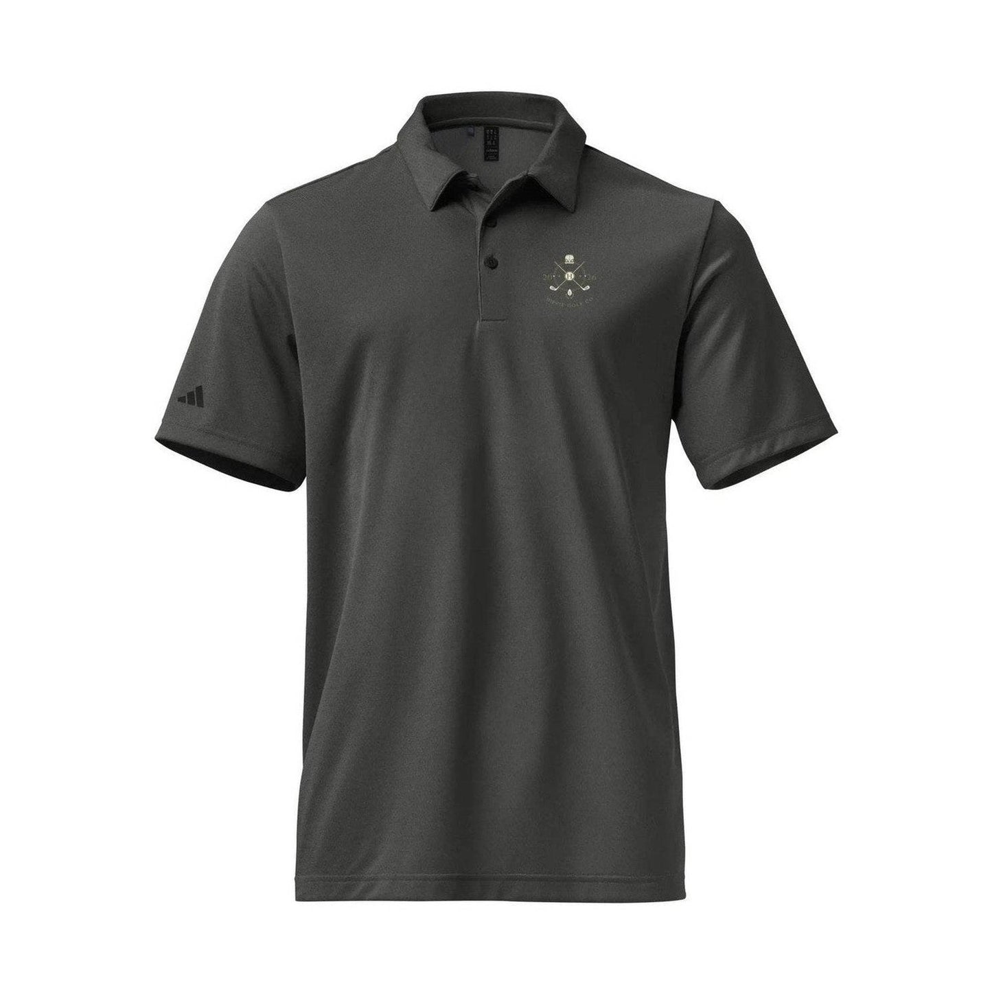 Dark gray Adidas Space-Dyed Pro polo flat lay showing chest logo and sleeve branding