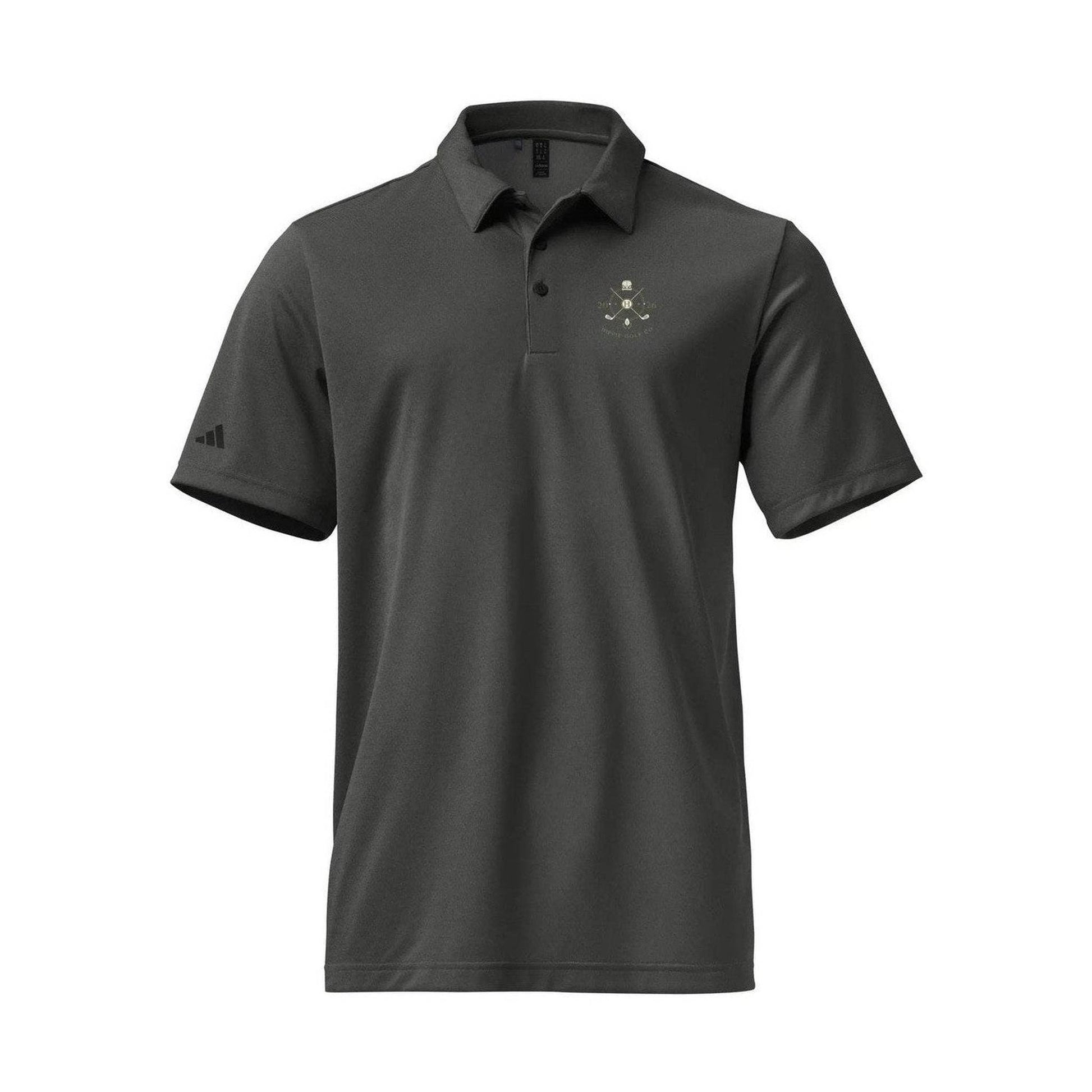 Dark gray Adidas Space-Dyed Pro polo flat lay showing chest logo and sleeve branding