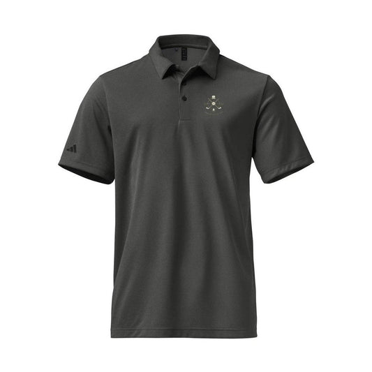 Dark gray Adidas Space-Dyed Pro polo flat lay showing chest logo and sleeve branding