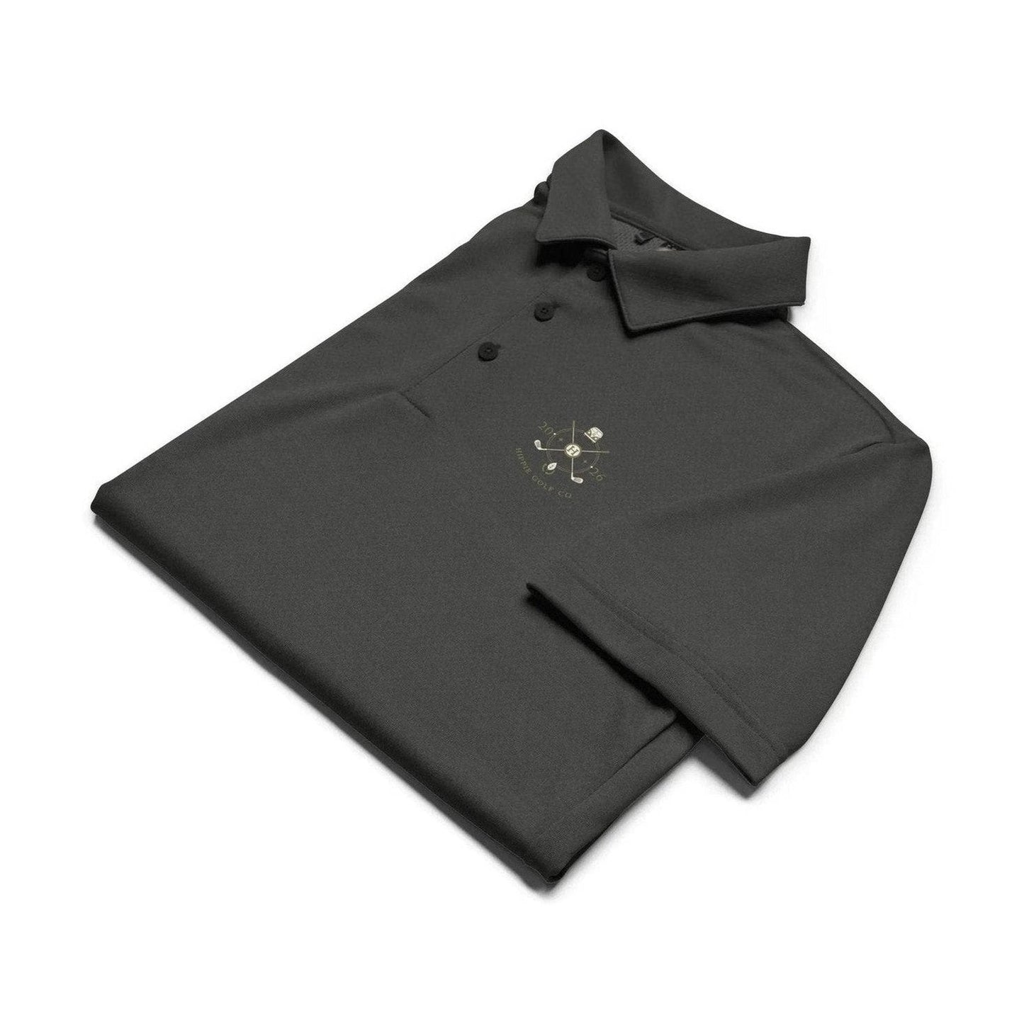 Folded dark gray recycled polyester Adidas golf polo with embroidered club logo