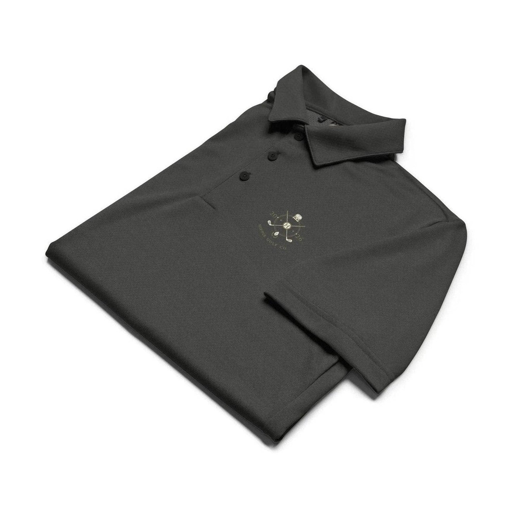 Folded dark gray recycled polyester Adidas golf polo with embroidered club logo