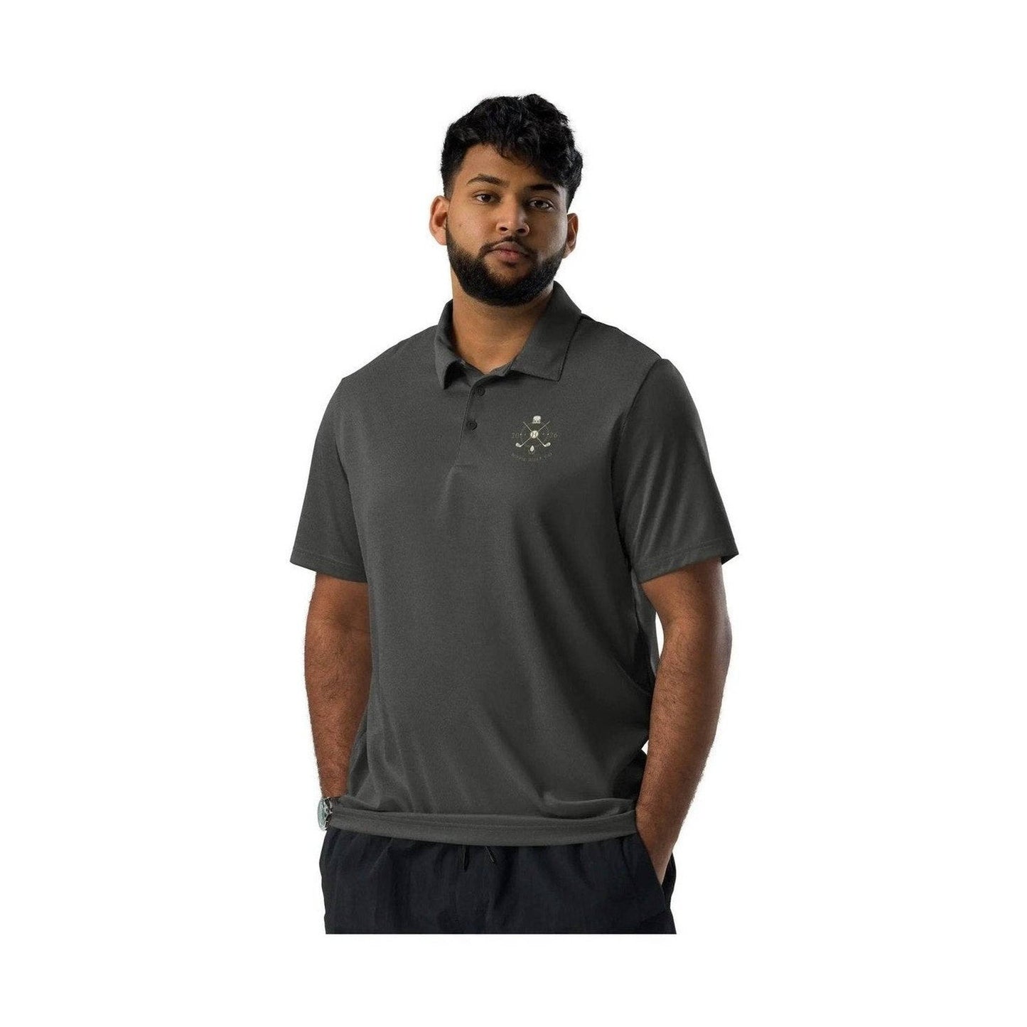 Man modeling dark gray Adidas Space-Dyed Pro golf polo with three-button placket