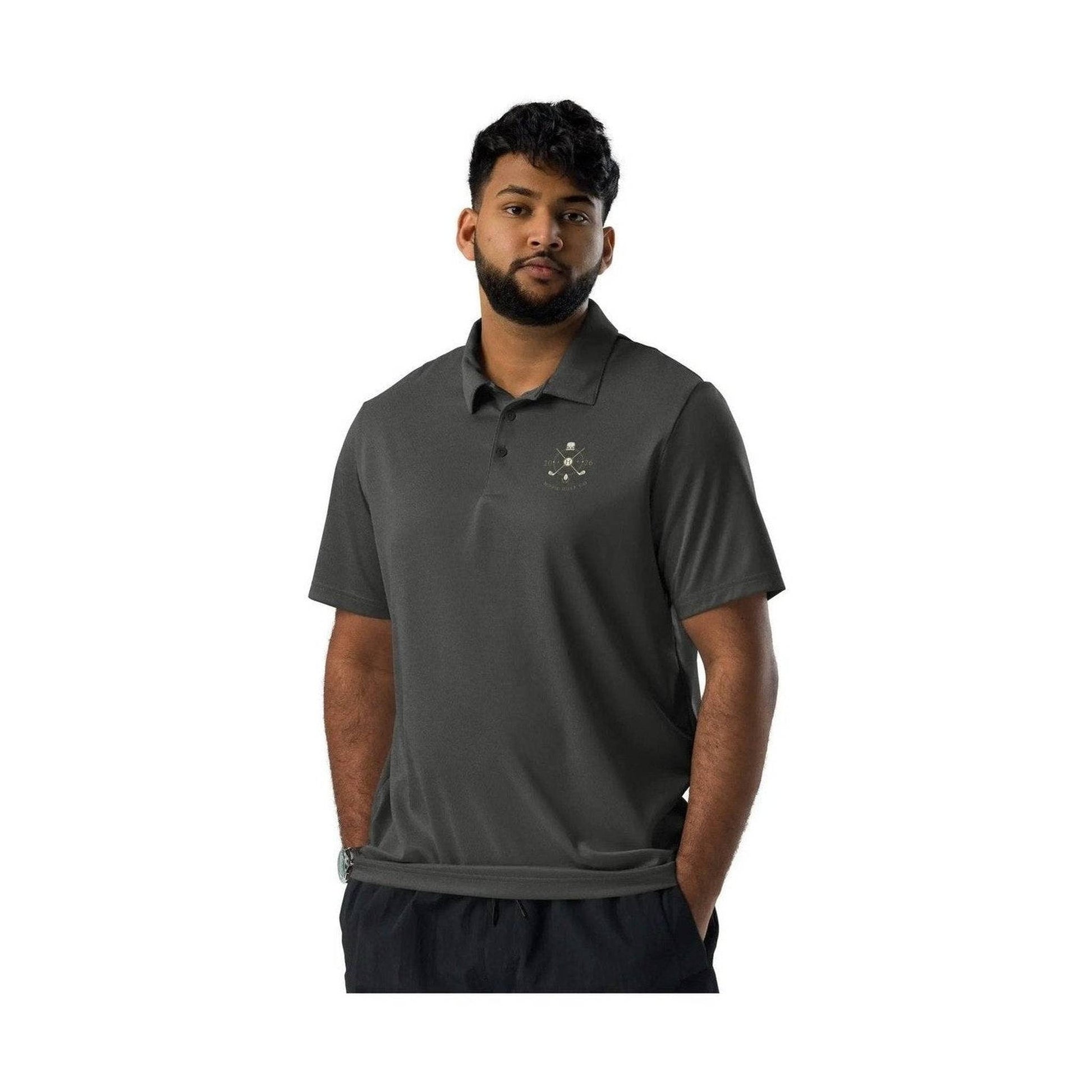Man modeling dark gray Adidas Space-Dyed Pro golf polo with three-button placket