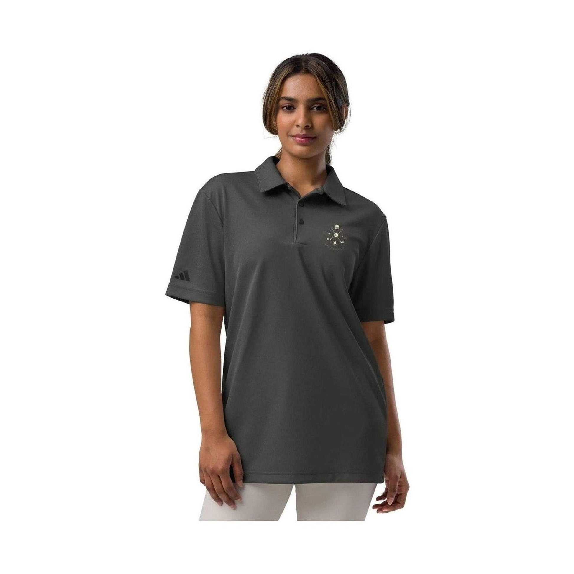Woman wearing dark gray Adidas Space-Dyed Pro polo with chest and sleeve logos