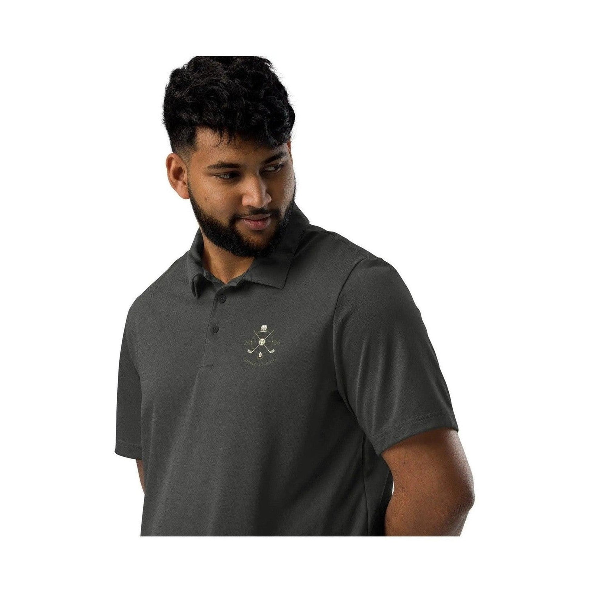 Bearded man in dark gray Adidas Space-Dyed Pro polo showing textured fabric weave