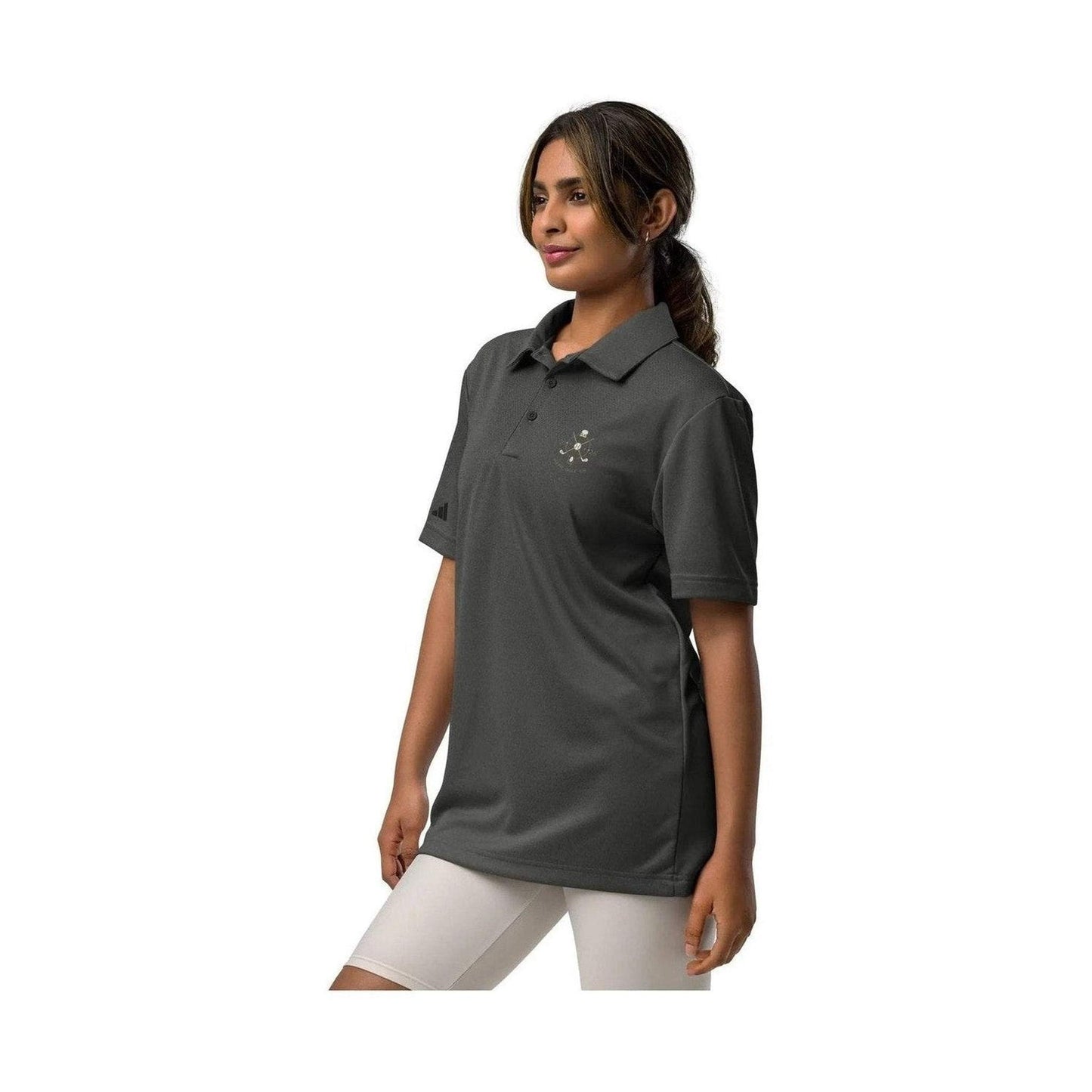 Woman wearing dark gray Adidas Space-Dyed Pro polo with crossed clubs chest logo