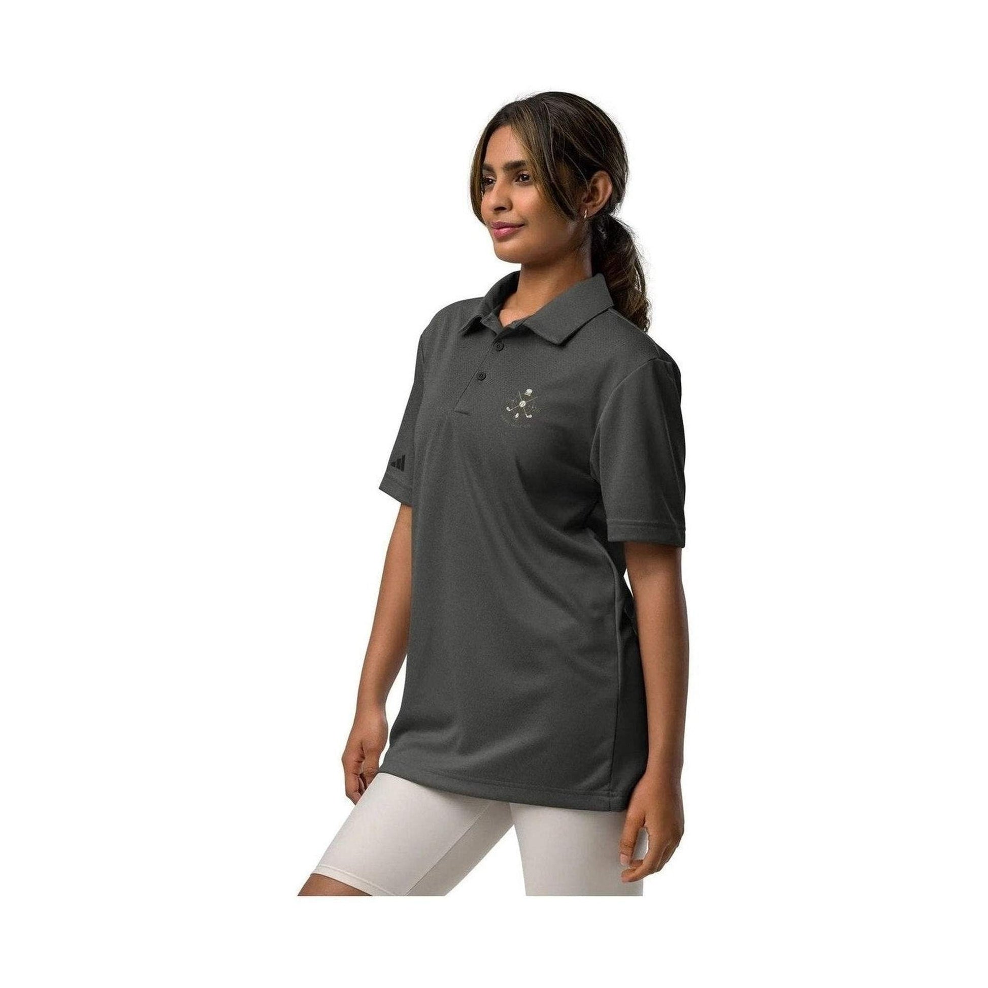 Woman wearing dark gray Adidas Space-Dyed Pro polo with crossed clubs chest logo