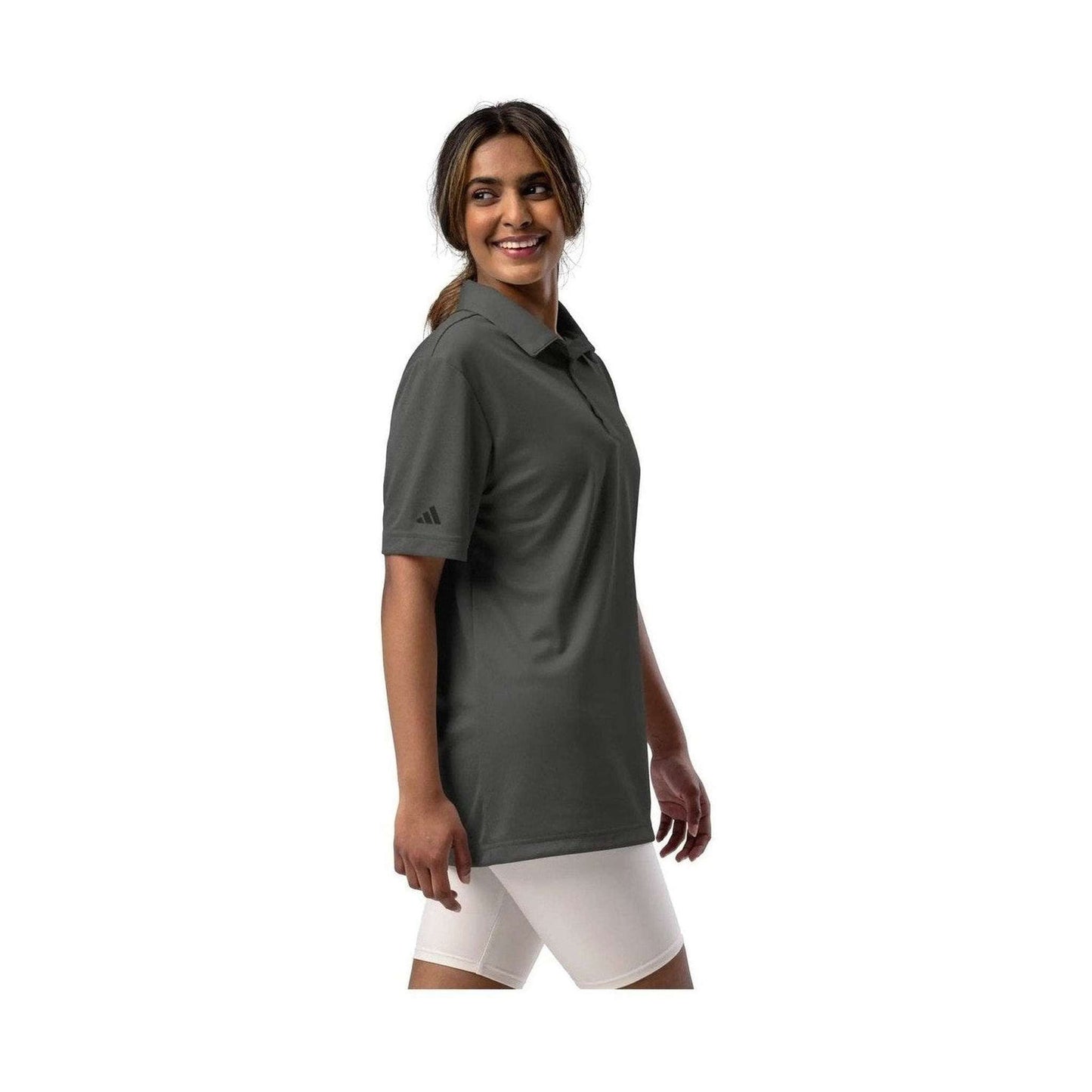 Adidas Space-Dyed Pro dark gray golf polo with three-button placket on model