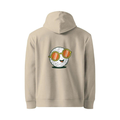 Flat lay of beige hoodie displaying back golf ball graphic with orange lenses