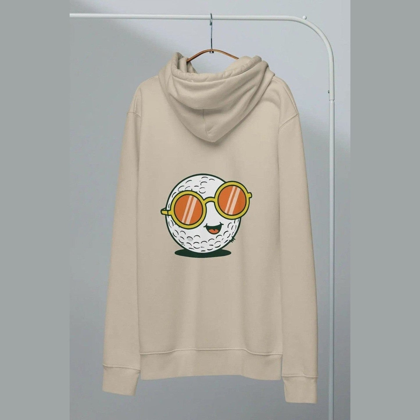 Beige golf ball graphic hoodie on hanger with double-layer hood