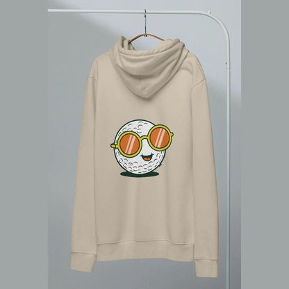 Beige golf ball graphic hoodie on hanger with double-layer hood