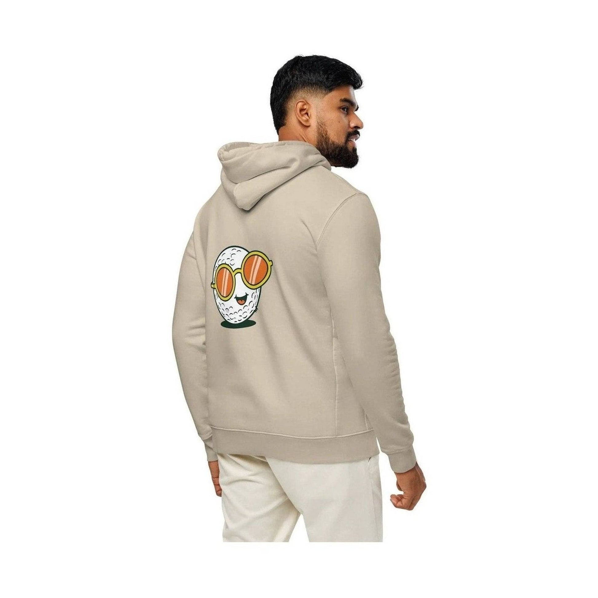 Back view of beige hoodie featuring centered cartoon golf ball with yellow sunglasses