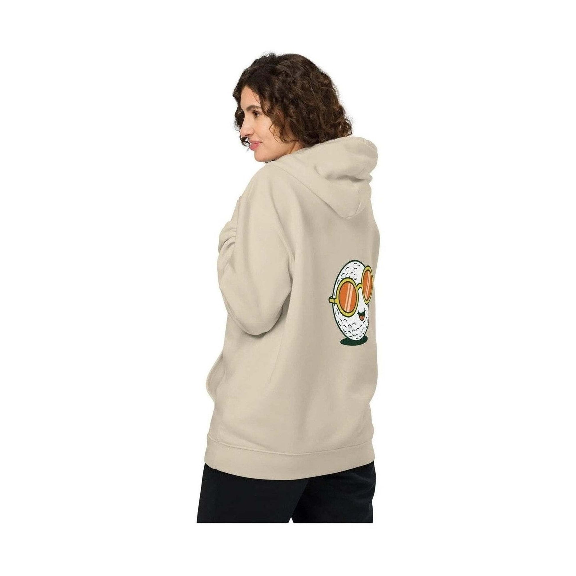 Beige unisex organic cotton hoodie featuring cartoon golf ball print on back