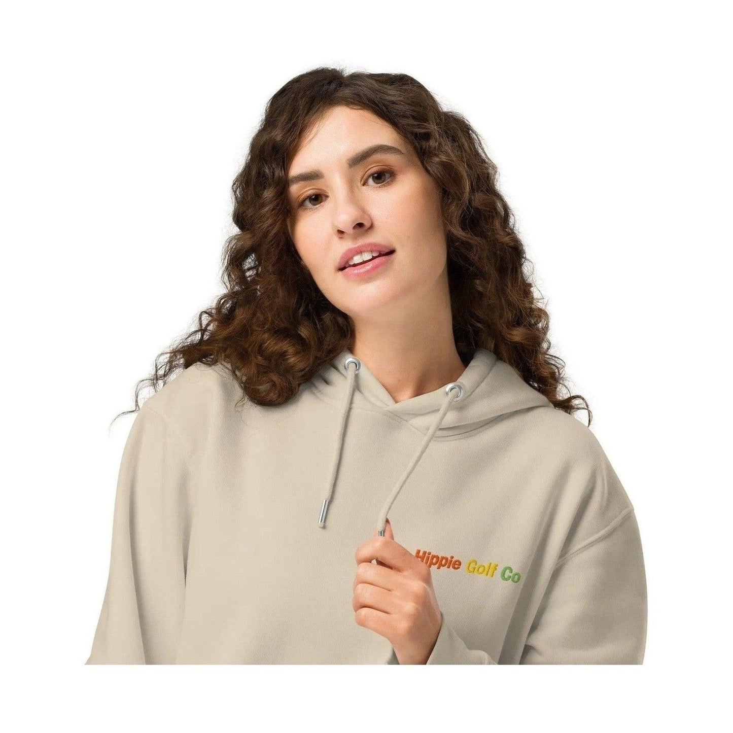 Beige unisex hoodie with metal-tipped drawcords and embroidered logo detail