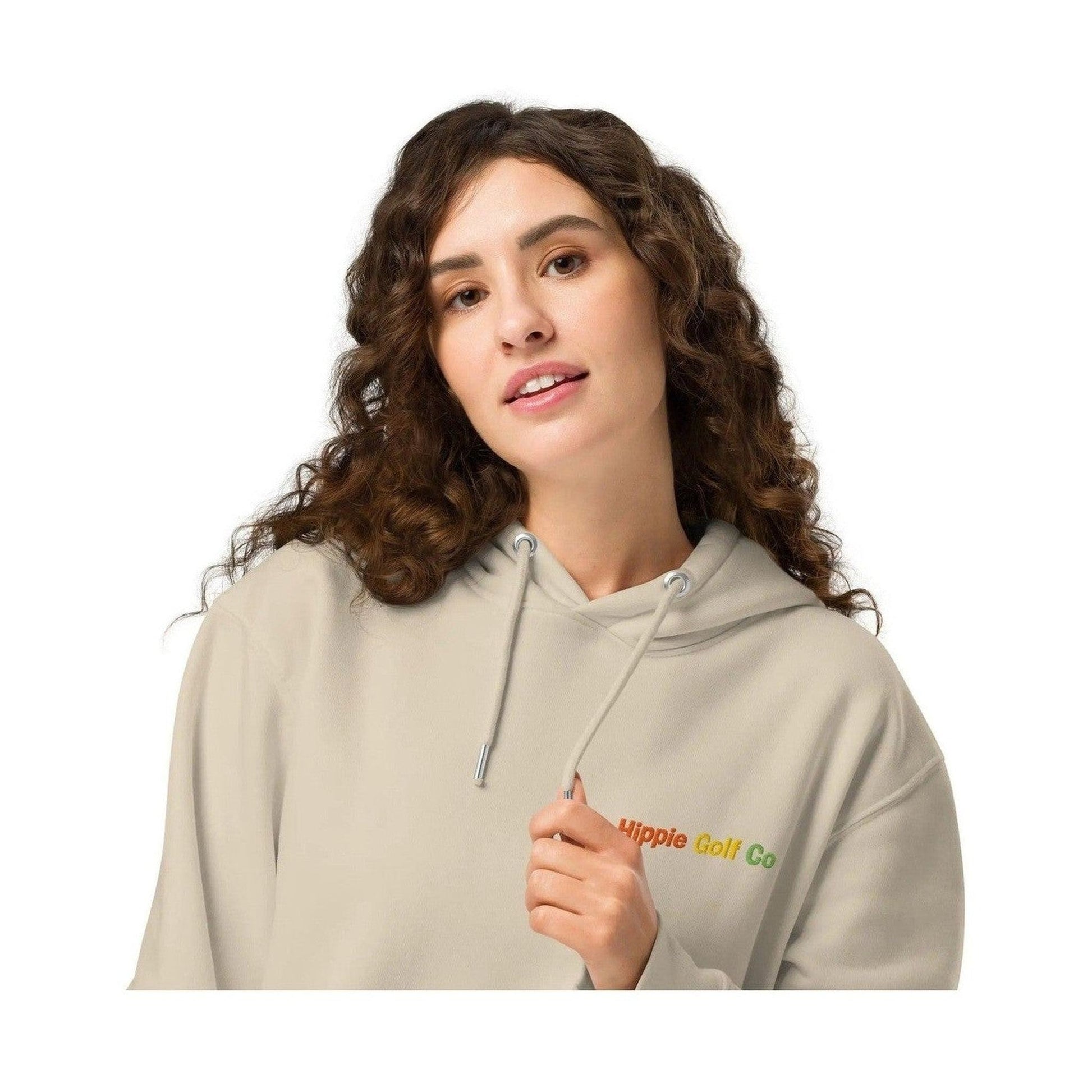 Beige unisex hoodie with metal-tipped drawcords and embroidered logo detail