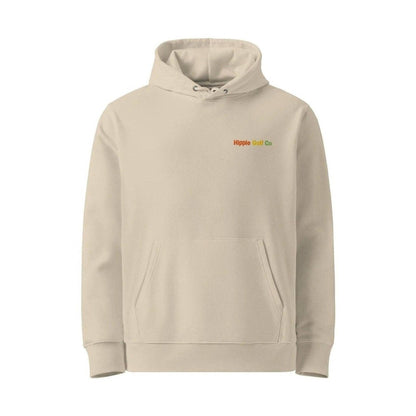 Front flat lay of beige unisex hoodie with kangaroo pocket and ribbed cuffs