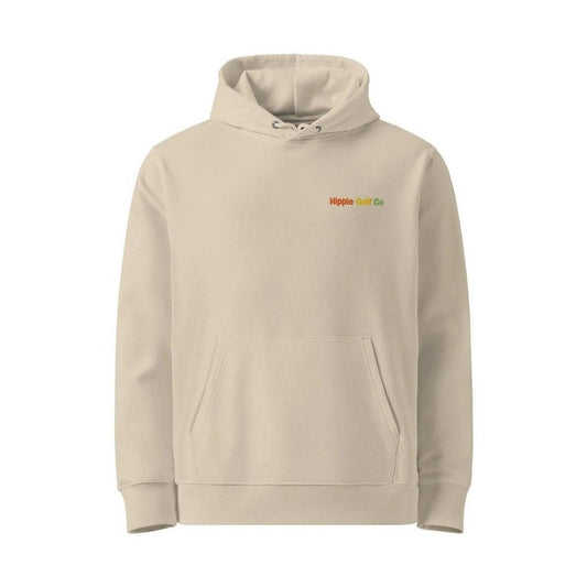 Front flat lay of beige unisex hoodie with kangaroo pocket and ribbed cuffs