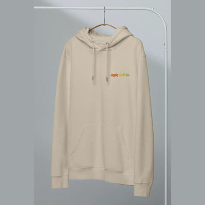 Beige unisex hoodie with black-tipped drawcords and ribbed hem on hanger
