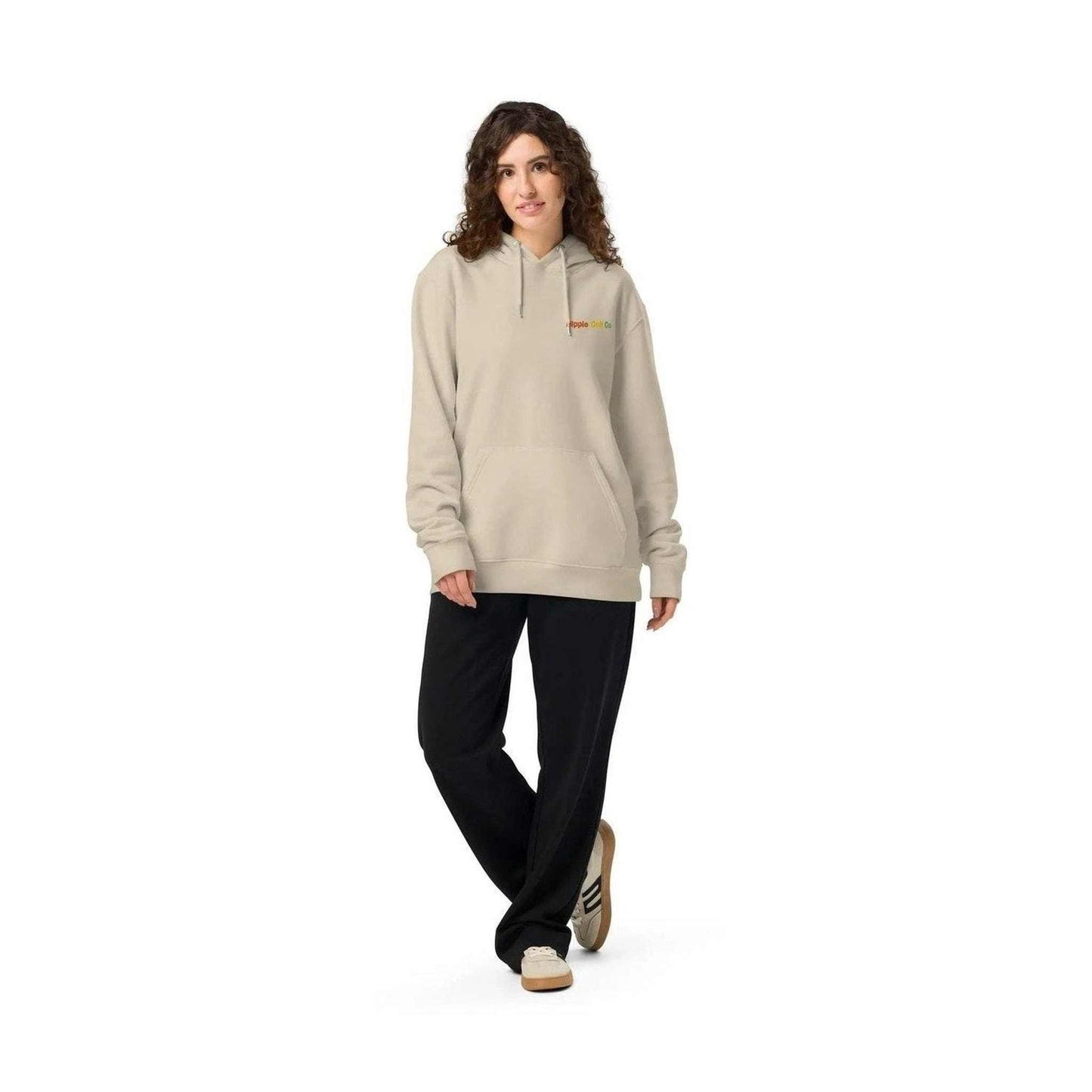 Beige unisex organic cotton hoodie with embroidered Hippie Golf Co logo