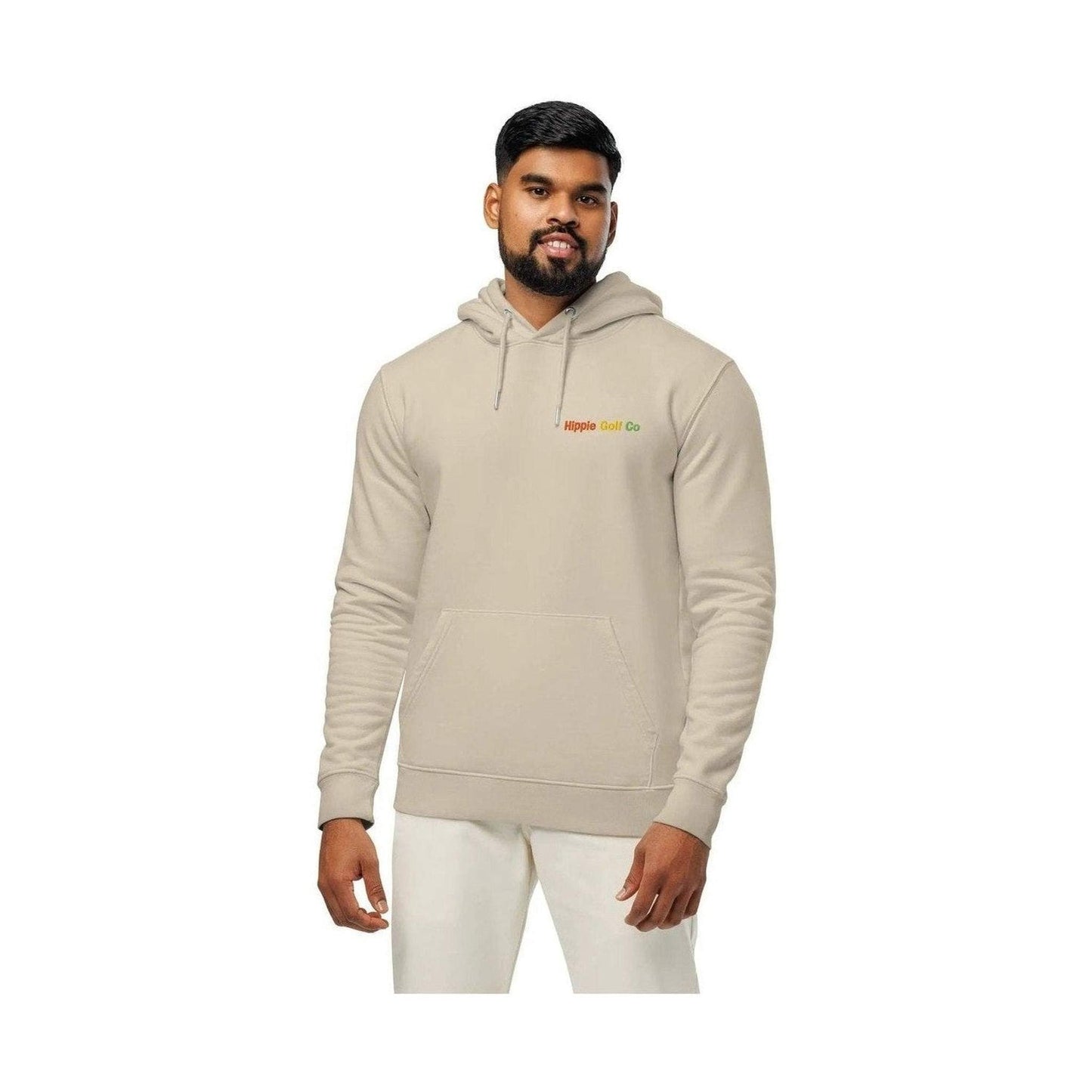 Beige unisex organic cotton hoodie with multi-colored embroidered brand logo