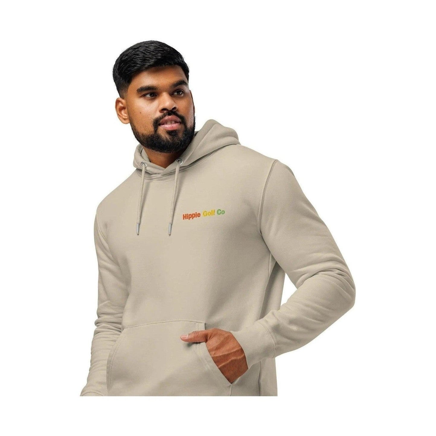 Beige unisex organic cotton hoodie with soft substantial fabric and relaxed fit