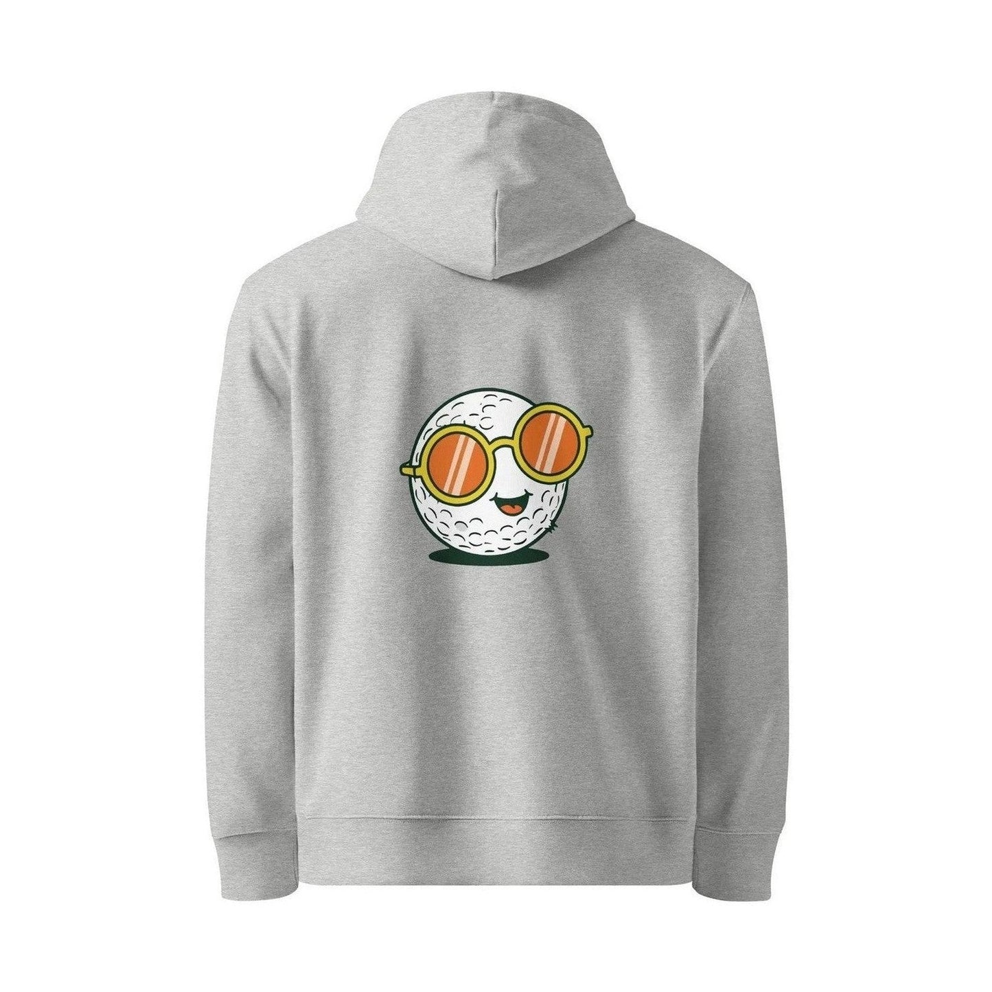 Grey unisex organic cotton hoodie hanging with centered golf ball graphic