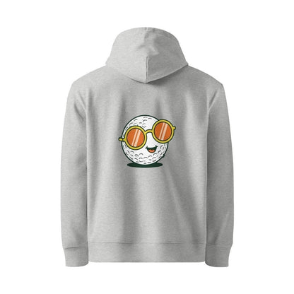 Grey unisex organic cotton hoodie hanging with centered golf ball graphic