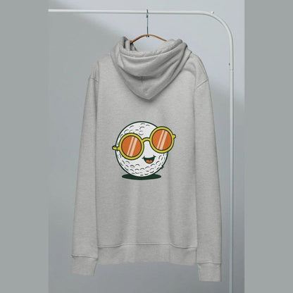 Grey unisex organic cotton hoodie on hanger with large front golf ball graphic