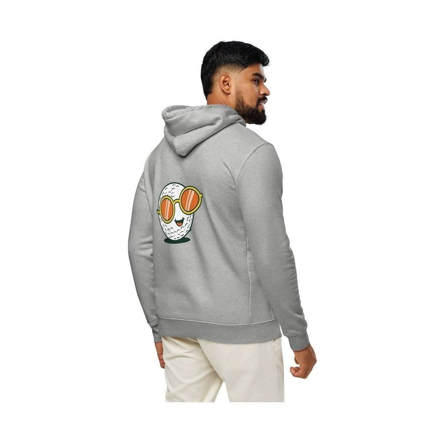 Grey unisex organic cotton hoodie with cartoon golf ball graphic on back