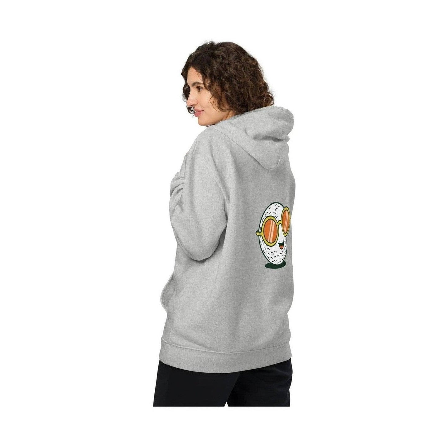 Side view of grey hoodie showing back golf ball graphic with orange sunglasses