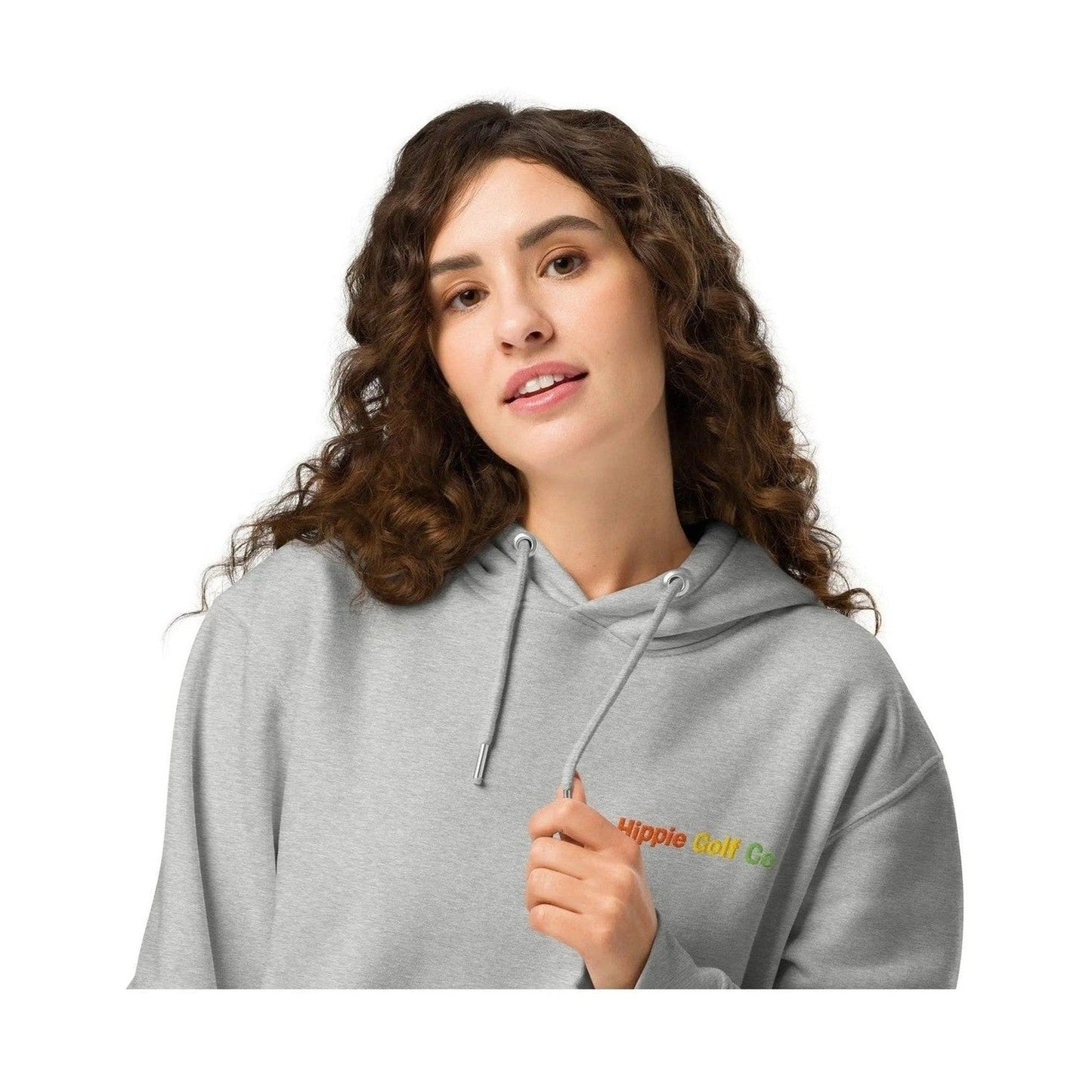 Grey unisex organic cotton hoodie with metal-tipped drawcords and relaxed fit