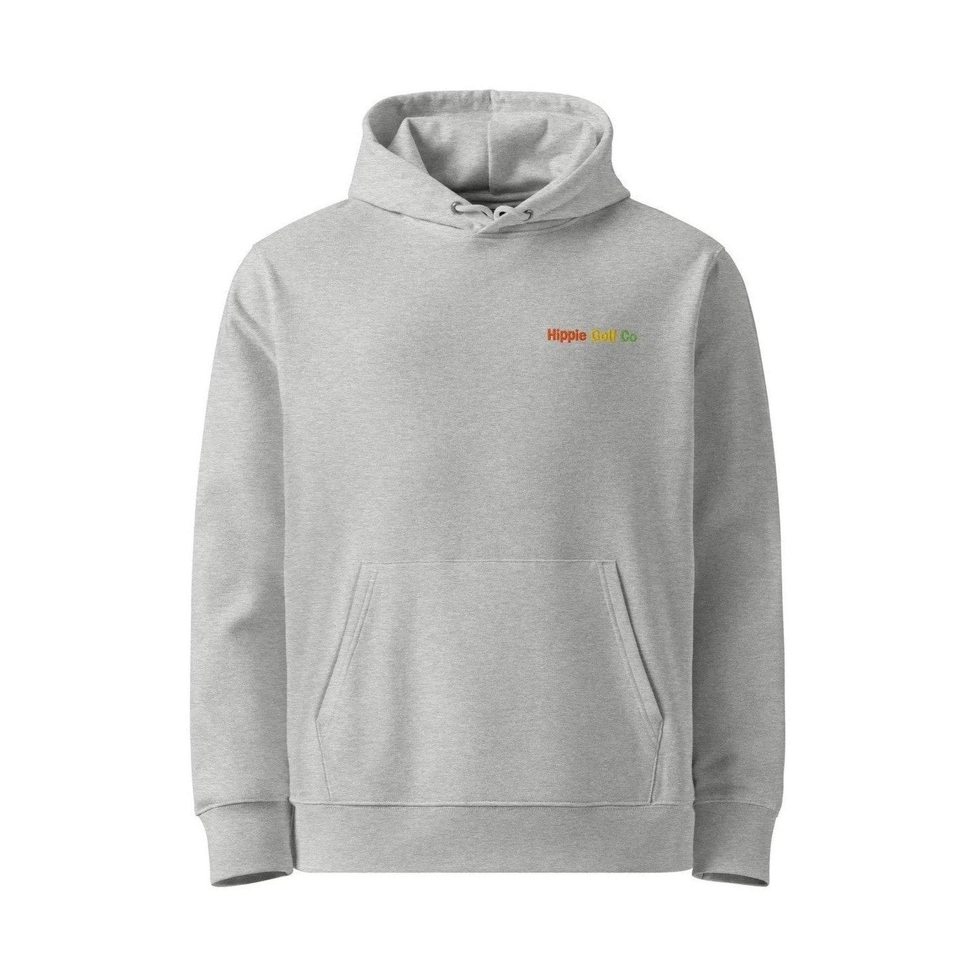 Front view of heather grey unisex hoodie with embroidered Hippie Golf Co text