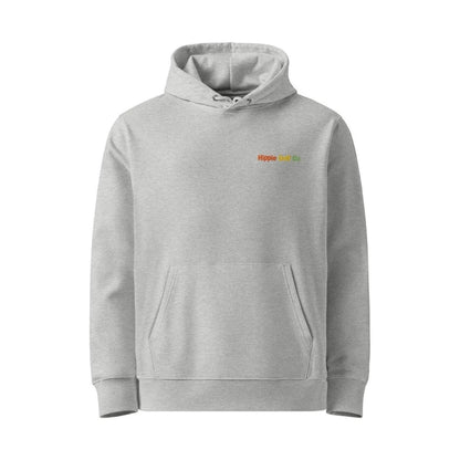 Front view of heather grey unisex hoodie with embroidered Hippie Golf Co text