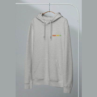 Hanging heather grey unisex hoodie with neutral background and relaxed silhouette