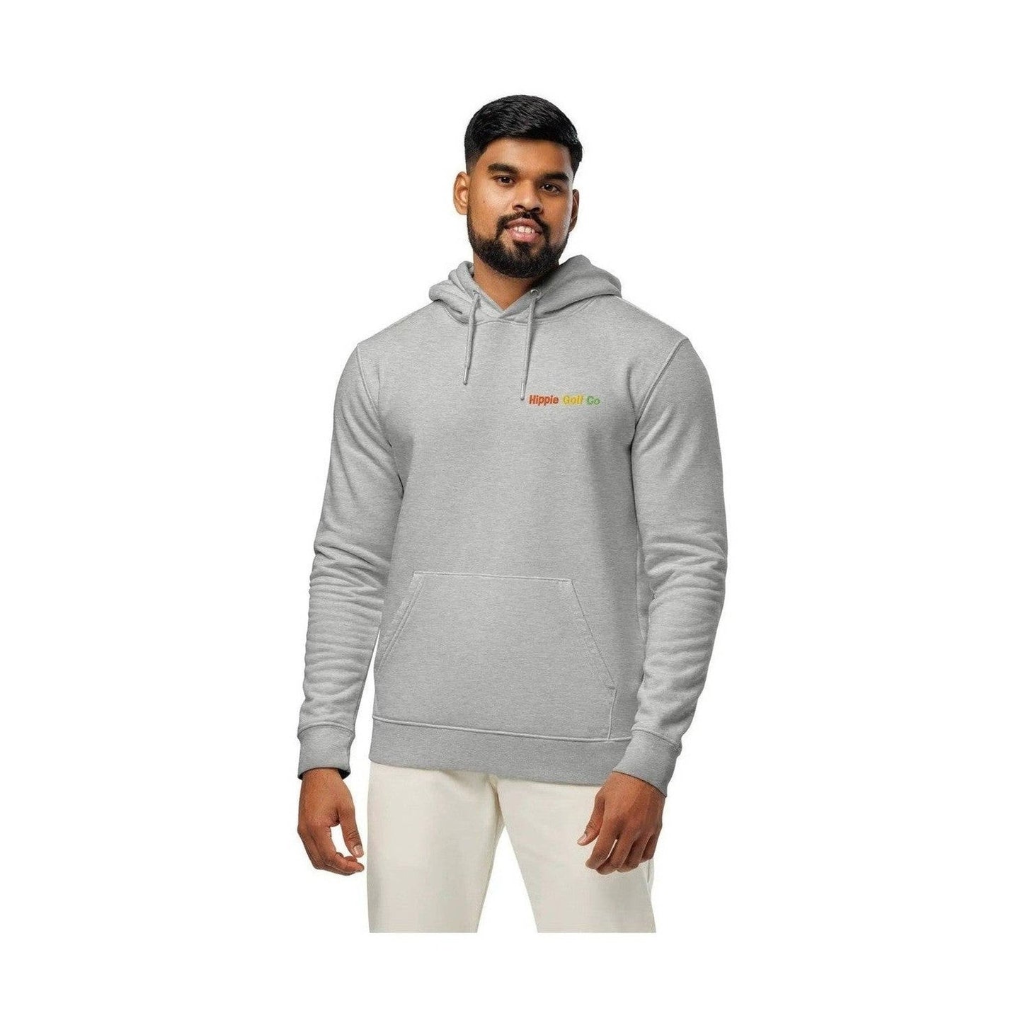 Heather grey unisex organic cotton hoodie worn by man with relaxed fit