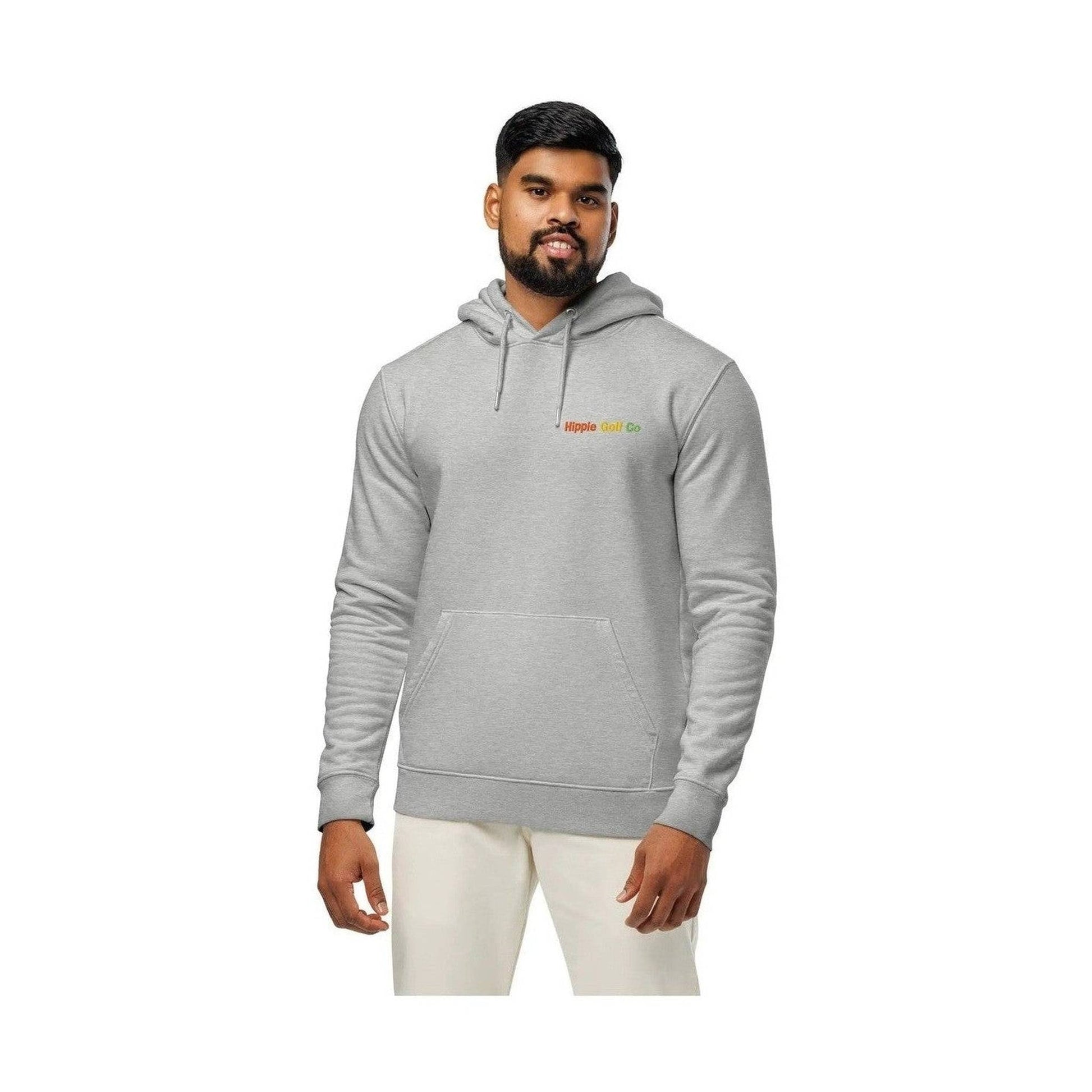 Heather grey unisex organic cotton hoodie worn by man with relaxed fit