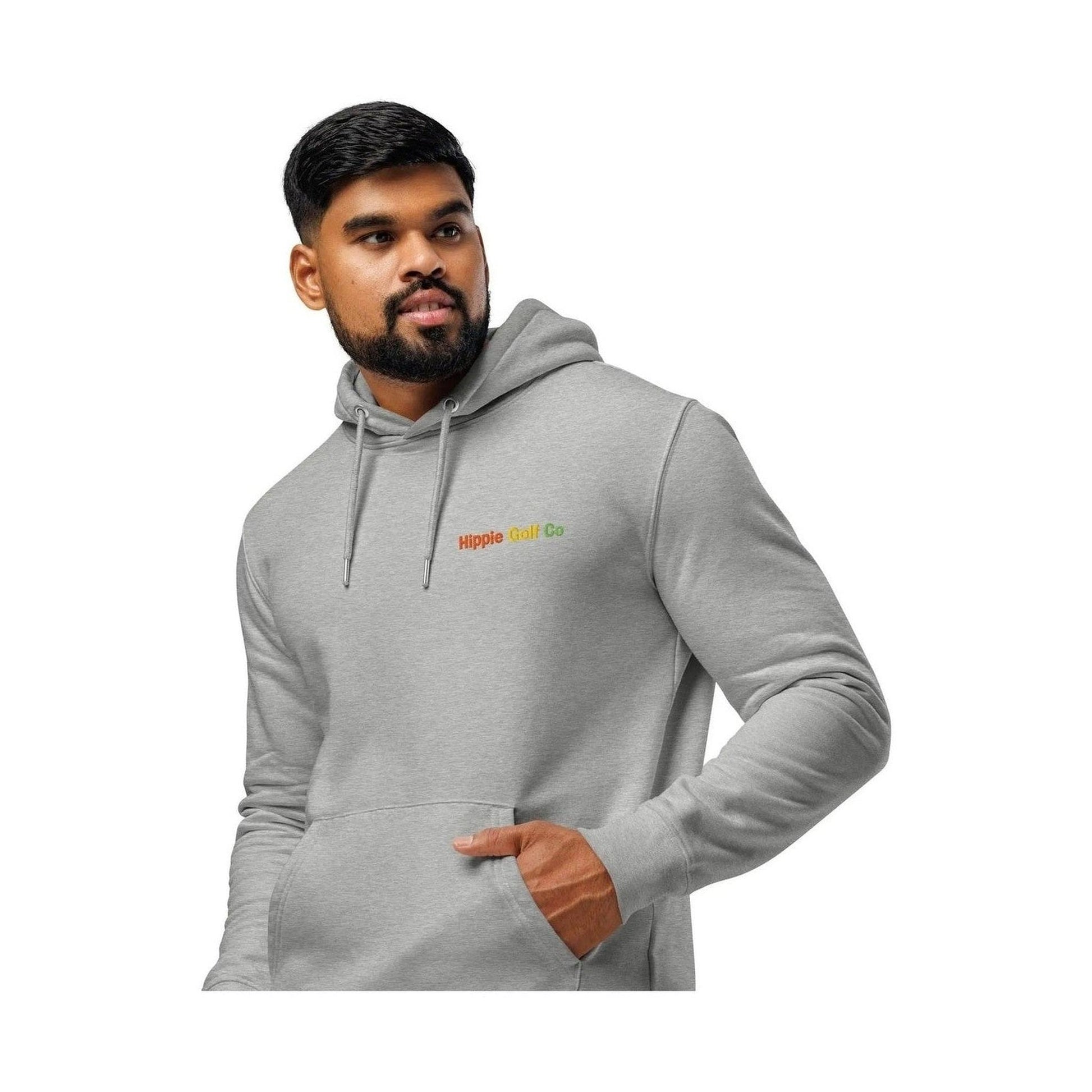 Man in grey unisex organic cotton hoodie with hand in pocket and soft fabric