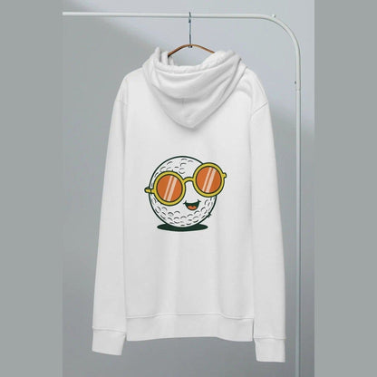 White unisex organic cotton hoodie hanging with centered golf ball graphic