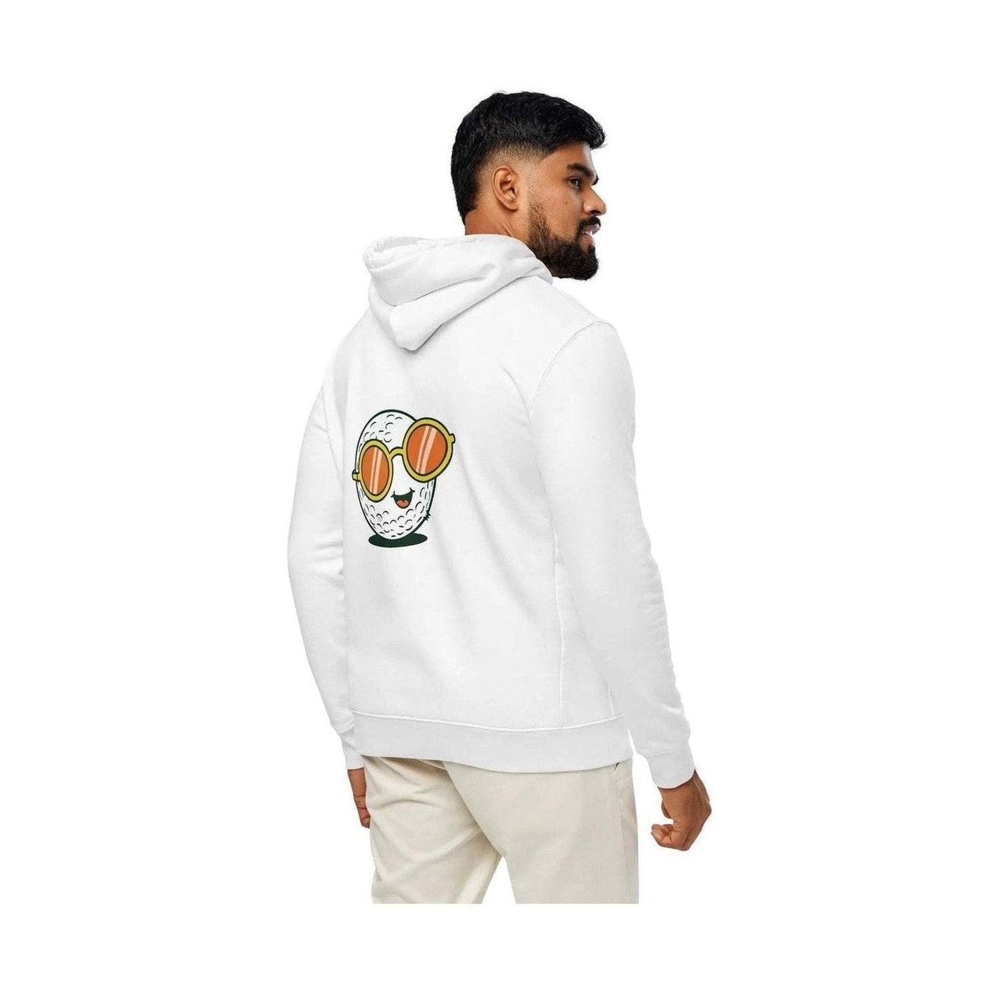 Back view of white golf ball graphic hoodie with smiling sunglasses design