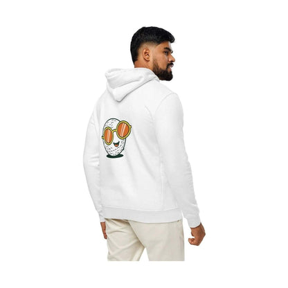 Back view of white golf ball graphic hoodie with smiling sunglasses design