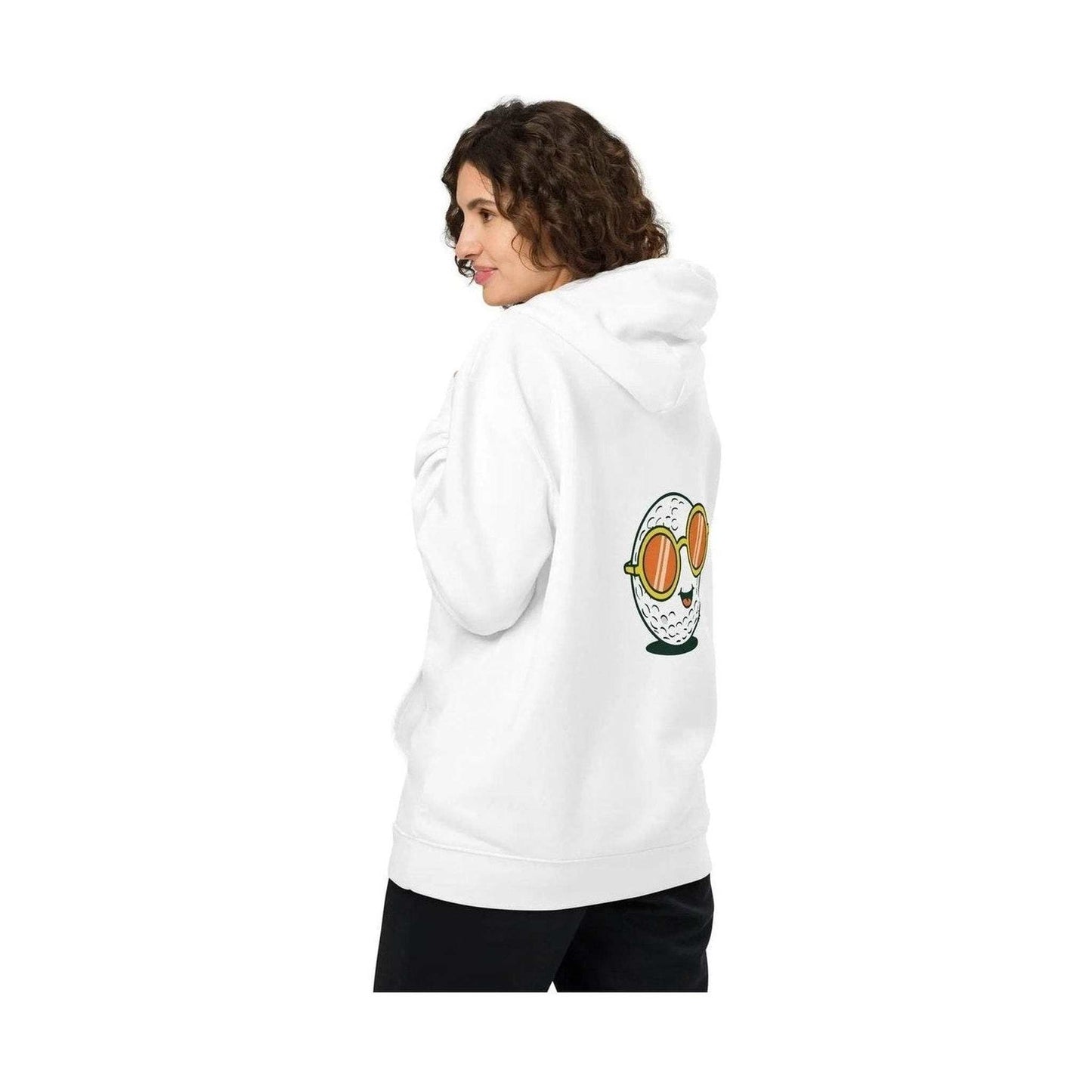 White unisex organic cotton hoodie with cartoon golf ball graphic on back
