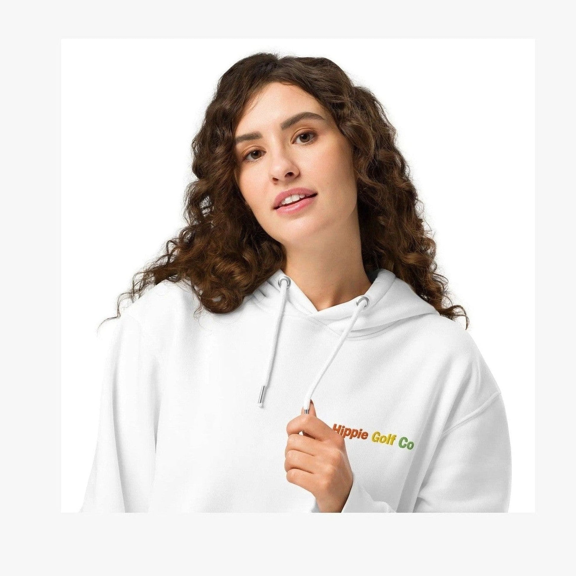 Woman wearing white unisex organic cotton hoodie with front kangaroo pocket