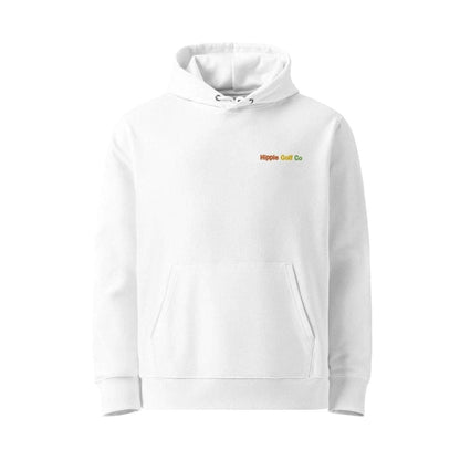 White unisex organic cotton hoodie flat lay with kangaroo pocket and logo
