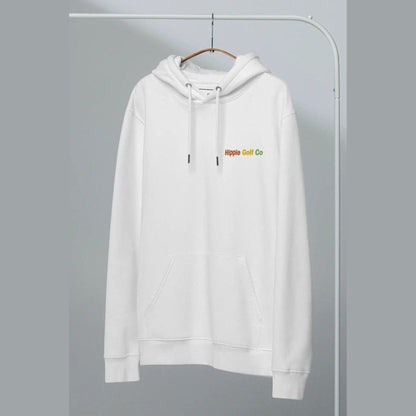 White unisex organic cotton hoodie hanging with front kangaroo pocket