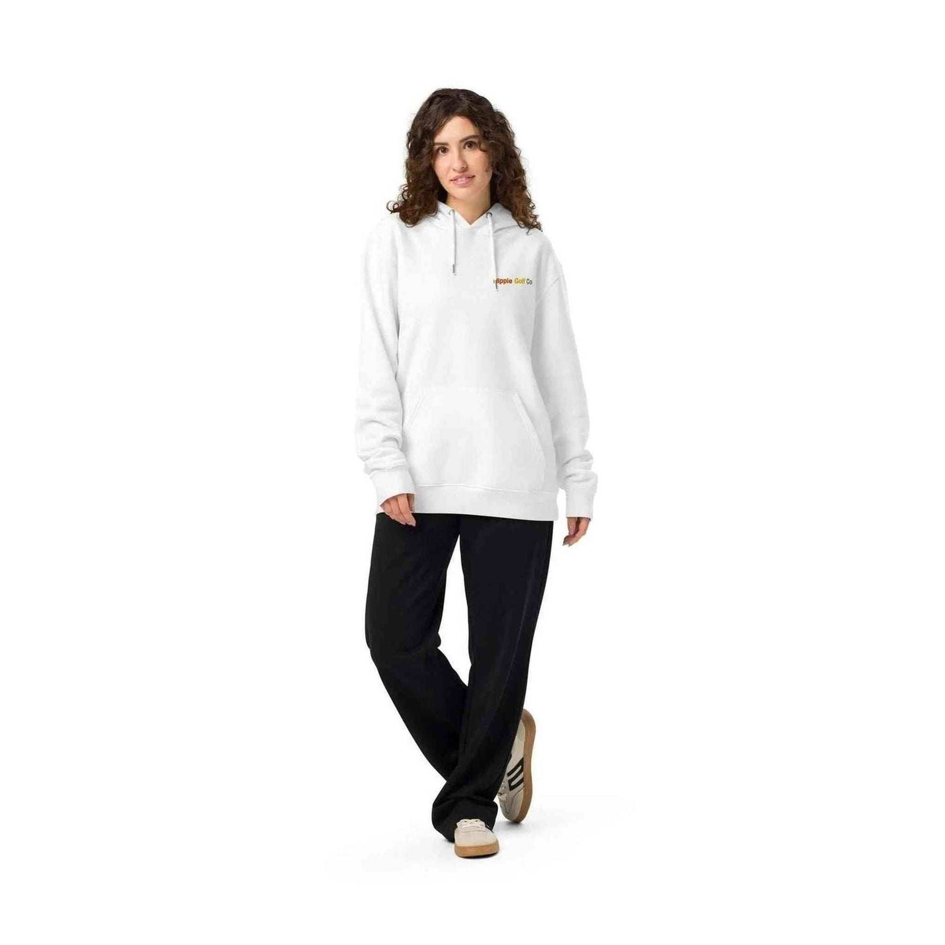 White unisex organic cotton hoodie with Hippie Golf Co logo and kangaroo pocket
